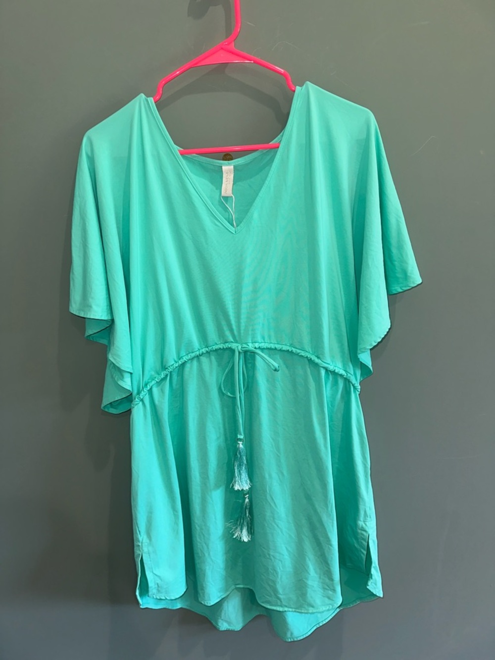 Turquoise V-Neck Tassel Tie Swimsuit Cover Dress